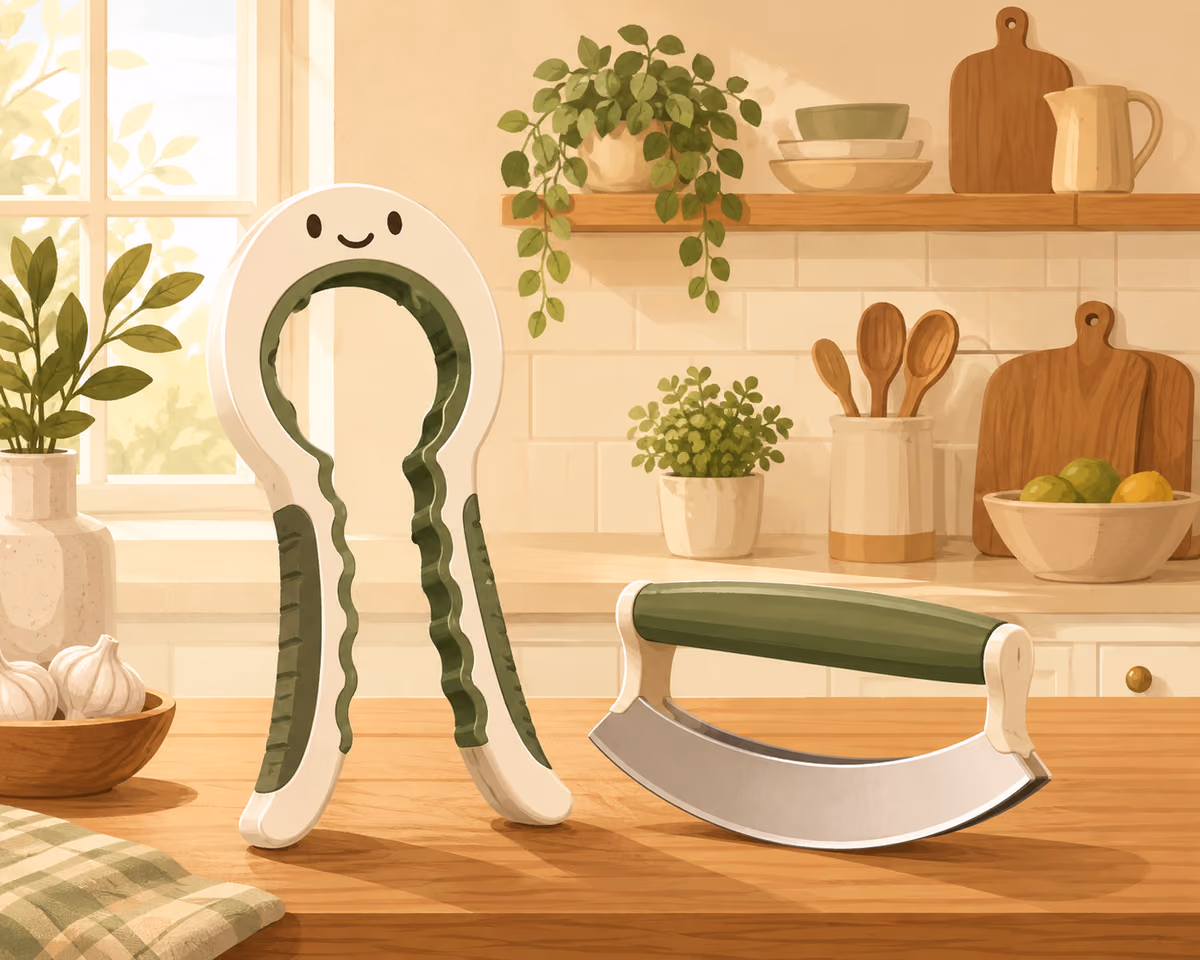 Warm illustration of senior-friendly kitchen tools: jar opener and rocker knife on a wooden counter